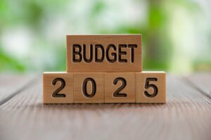 Budget 2025 text on wooded blocks with blurred nature background. Yearly concept.