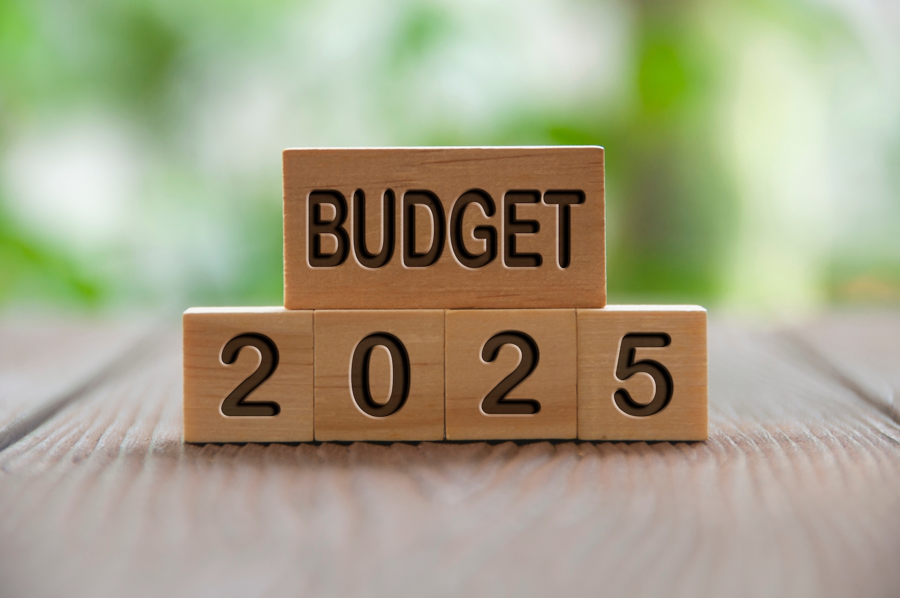 Budget 2025 text on wooded blocks with blurred nature background. Yearly concept.